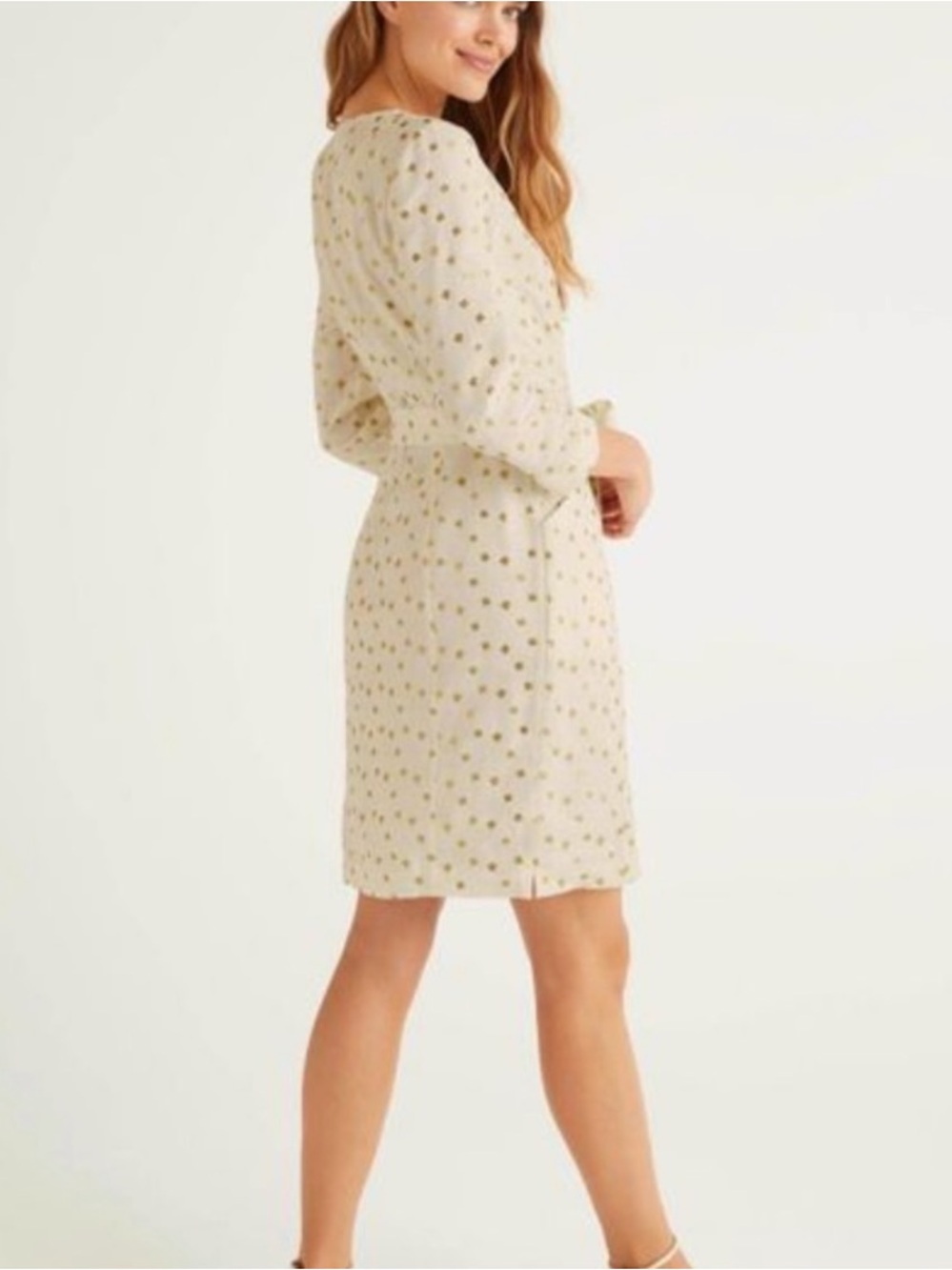 Boden Kelsey White Linen Midi Dress with Gold Floral Motif Beach Preppy Sz 10L - Picture 4 of 16